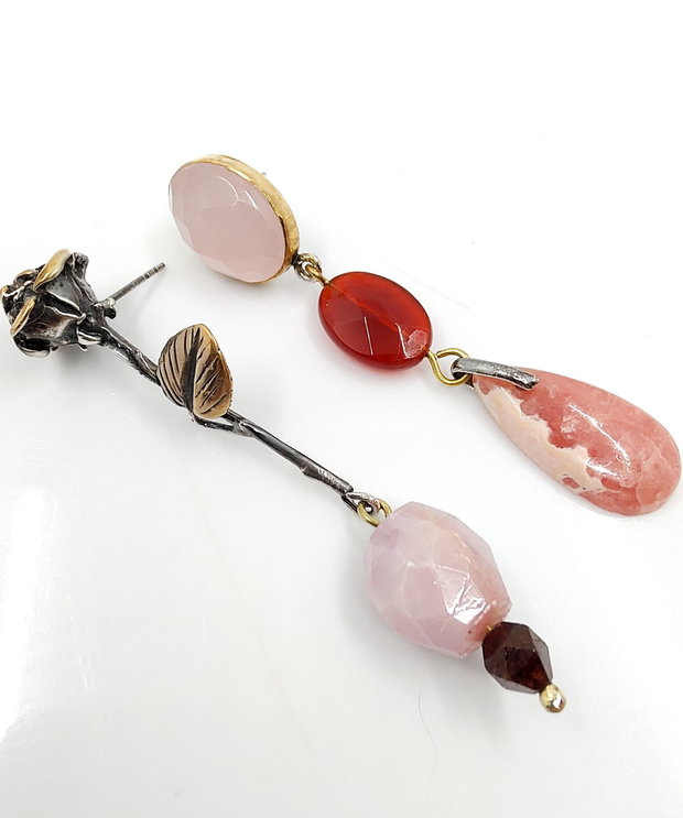 ROSIE'S ROSE Cercei asimetrici din argint, cuart roz,  kunzit, granat, cercei lungi argint, cercei statement, cercei handmade