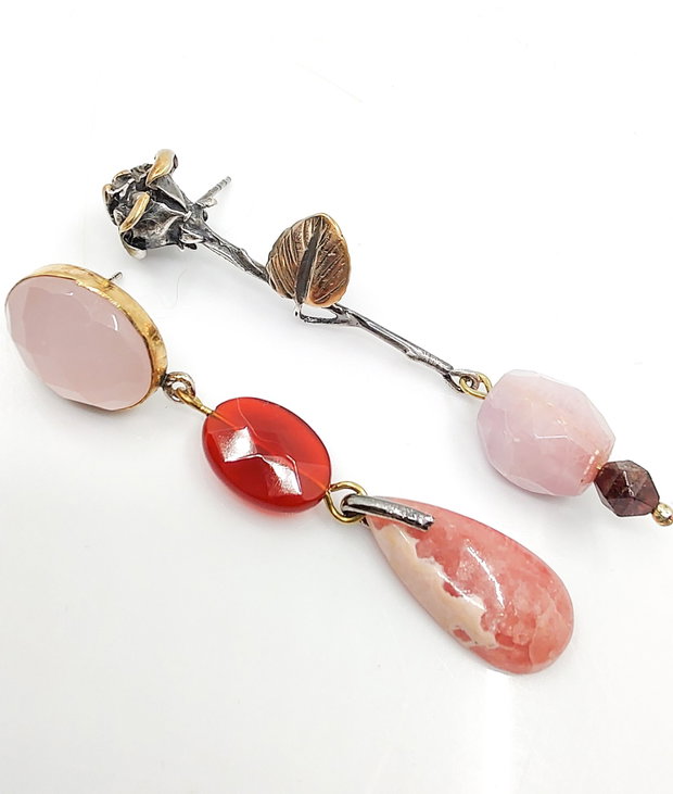 ROSIE'S ROSE Cercei asimetrici din argint, cuart roz,  kunzit, granat, cercei lungi argint, cercei statement, cercei handmade