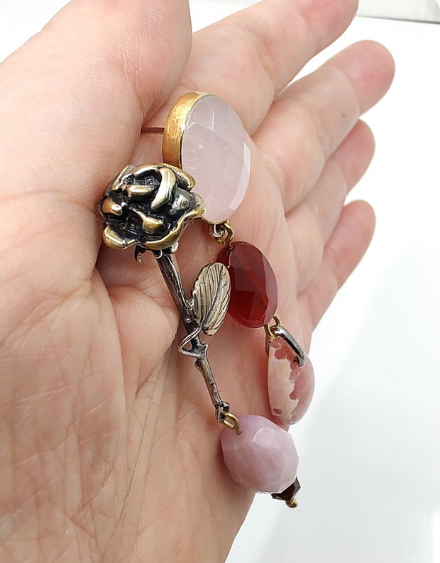 ROSIE'S ROSE Cercei asimetrici din argint, cuart roz,  kunzit, granat, cercei lungi argint, cercei statement, cercei handmade