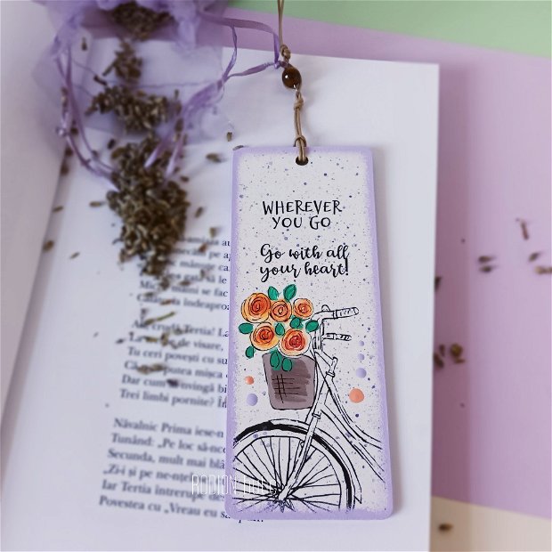 Semn de carte bicicleta pictat manual personalizat cu mesaj