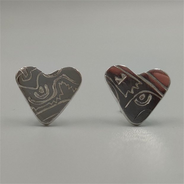 Cercei inimioare, argint pur (999), texurat model Aztec