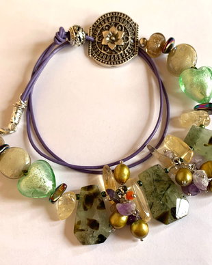 REZERVAT C.!!! COLIER ~GREEN HEART~ prehnit,citrin,ametist,perle de cultura,hematit,murano,piele naturala,zamac