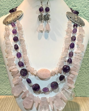 REZERVAT!!! SET~PINK&PURPLE~cuarț roz,ametist,accesorii argintate,zamac argintat,inox