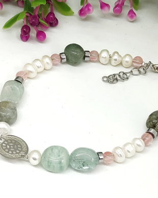 Bratara acvamarin ,perle de cultura si cuart /inox