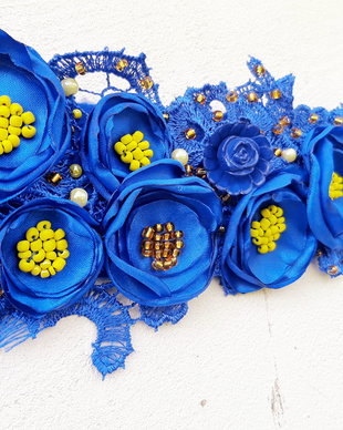 Cordon textil flori .albastru cu galben