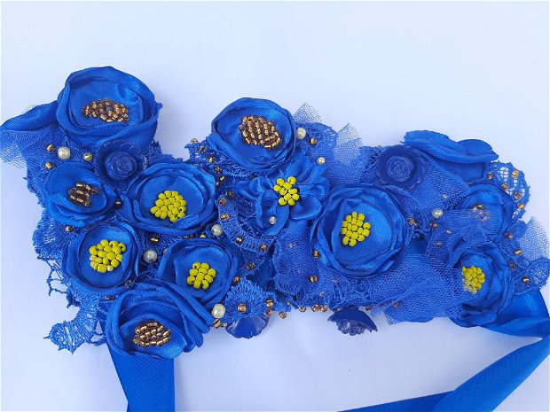 Cordon textil flori .albastru cu galben
