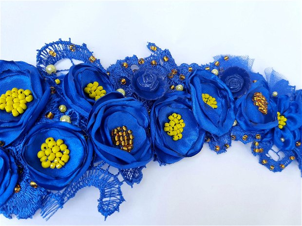 Cordon textil flori .albastru cu galben