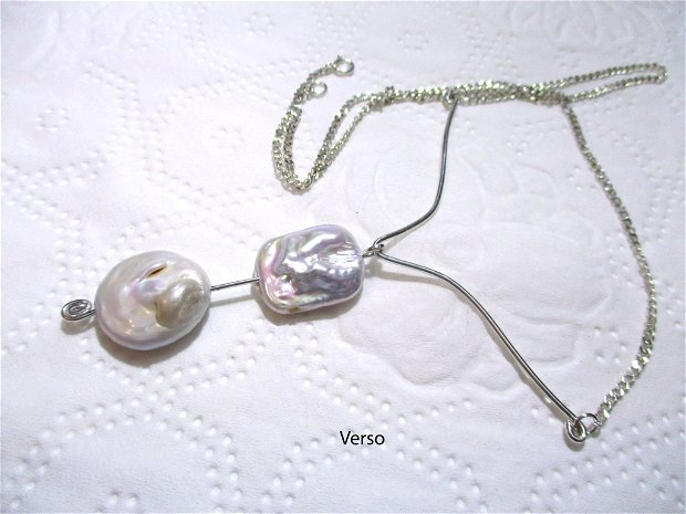 Colier argint si perle de cultura mari albe rozii "Semnul exclamarii"