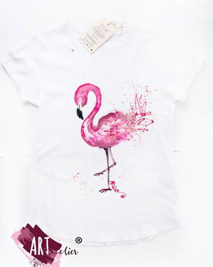 Tricou pictat manual, Flamingo Joy