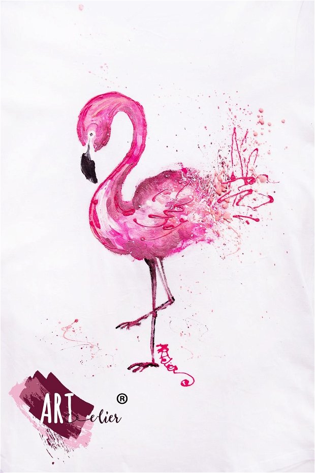 Tricou pictat manual, Flamingo Joy