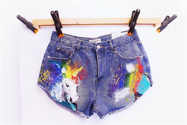 Shorts UPcycled ARTistic - colectia Freedom, Rainbow Unicorn - La Comanda