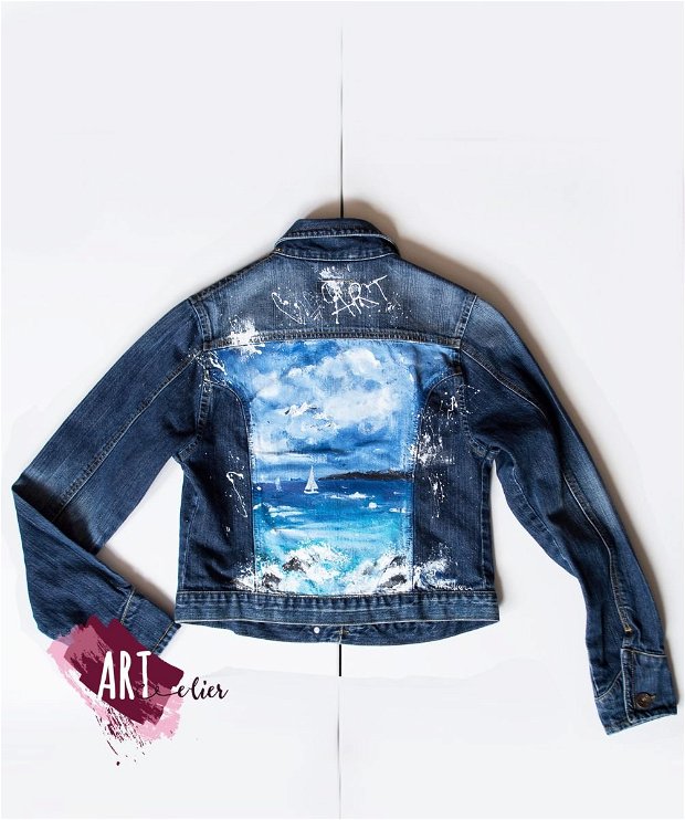 Geaca denim upcycled pictata manual - The Sea