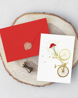 Felicitare Bicicleta Primavara, colaj gold foil