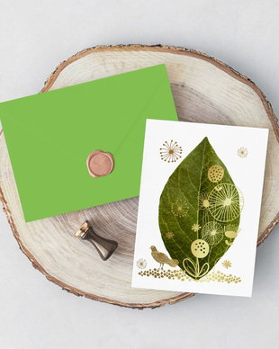 Felicitare Frunza, Floare si Pasare; colaj gold foil