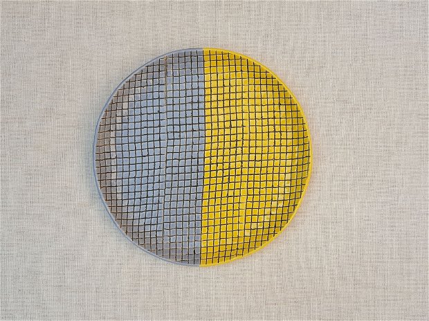 Farfurie ceramică - textură pătrățele - galben și gri