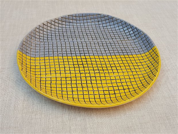 Farfurie ceramică - textură pătrățele - galben și gri