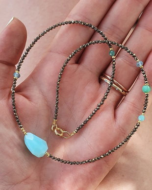 Colier Opal Albastru Peru, Pirită, Apatit, Crisopraz&Amazonit