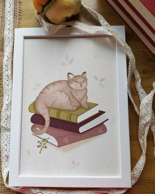 Ilustratie A4 inramata pisica si cartile