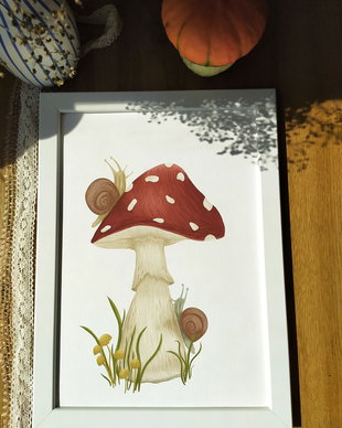 Ilustratie A4 inramata ciuperca si melcii