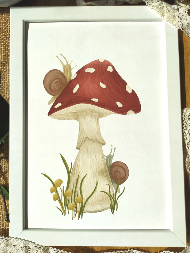 Ilustratie A4 inramata ciuperca si melcii