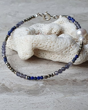 Brățară Lapis Lazuli, Pirită, Iolit&Perle Cultură