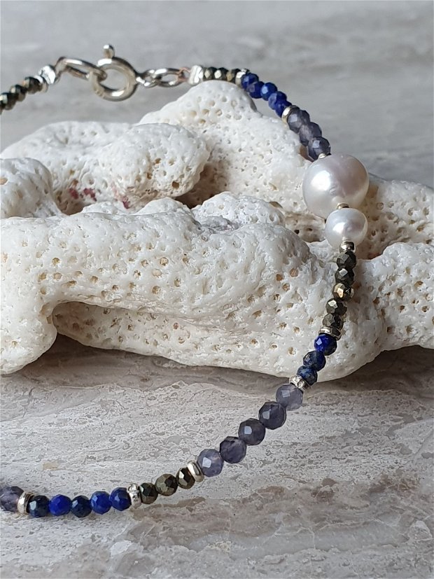 Brățară Lapis Lazuli, Pirită, Iolit&Perle Cultură