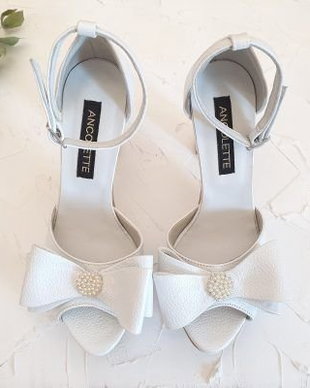 Alice Pearl- Sandale mireasa, cu perle, piele naturala alb, cu platforma, toc gros