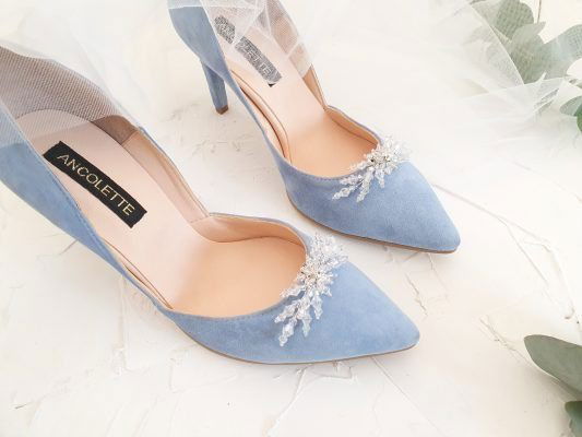 Pantofi bleu cu cristale / perle piele naturala
