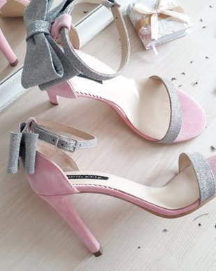 Millene sandale roz pudra si glitter argintiu piele naturala