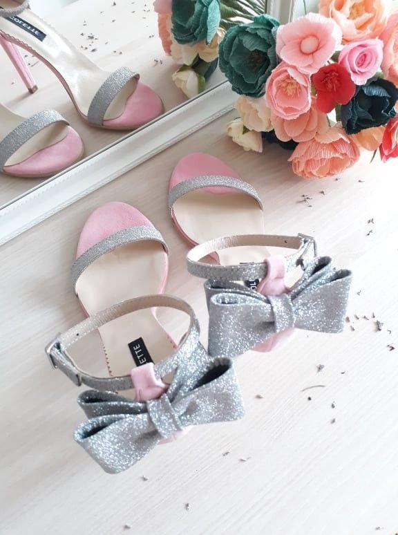 Millene sandale roz pudra si glitter argintiu piele naturala