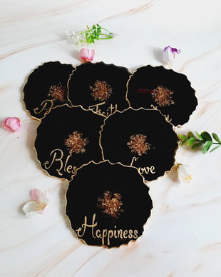 Black Beauty and EN Gold Words - 6 pieces Resin Coasters