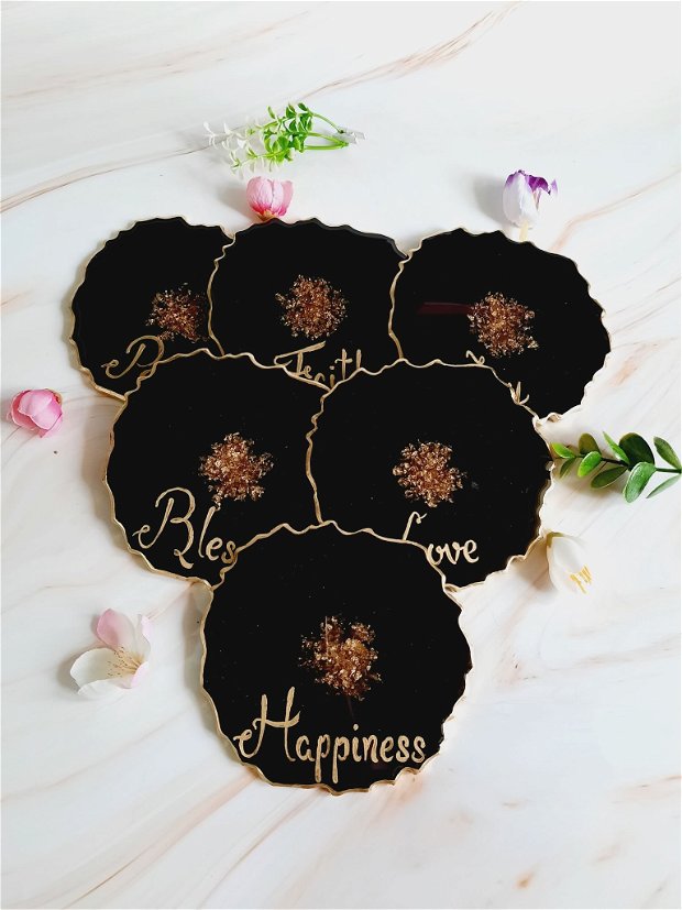 Black Beauty and EN Gold Words - 6 pieces Resin Coasters