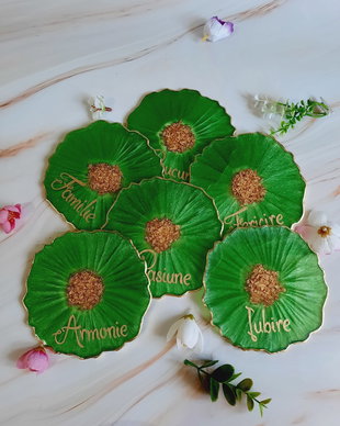 Bright Green and RO Gold Words - 6 pieces Resin Coasters