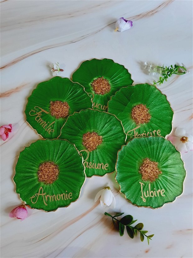 Bright Green and RO Gold Words - 6 pieces Resin Coasters