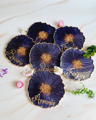 Dark Purple and RO Gold Words - 6 pieces Resin Coasters