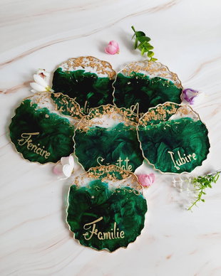 Emerald Beauty and RO Gold Words - 6 pieces Resin Coasters