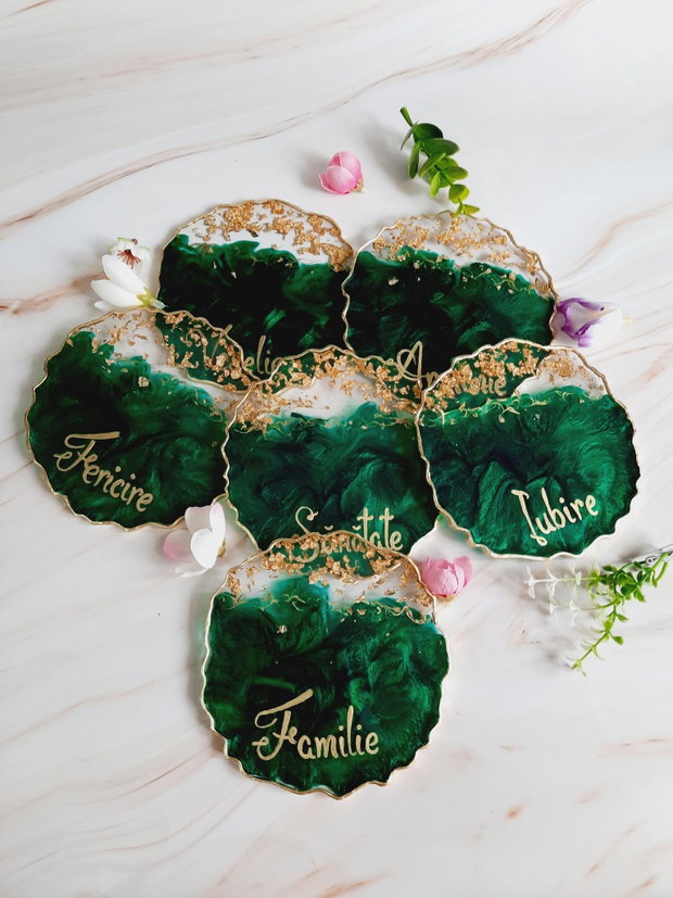 Emerald Beauty and RO Gold Words - 6 pieces Resin Coasters