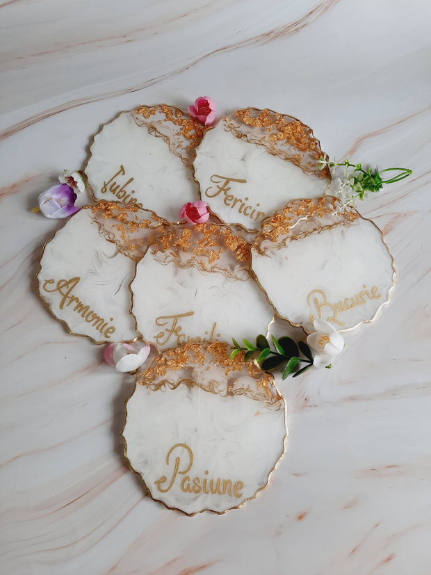 White with a twist and RO Gold Words - 6 pieces Resin Coasters