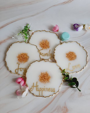 White and EN Gold Words - 4 pieces Resin Coasters