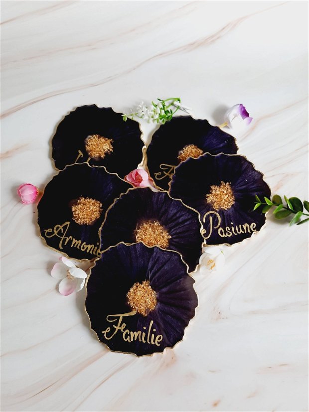 Dark Purple and RO Gold Words - 6 pieces Resin Coasters