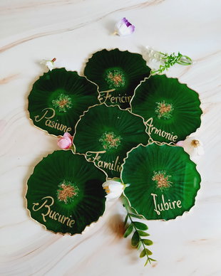 Emerald and Gold Words - 6 pieces Resin Coasters