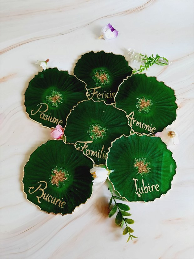 Emerald and Gold Words - 6 pieces Resin Coasters