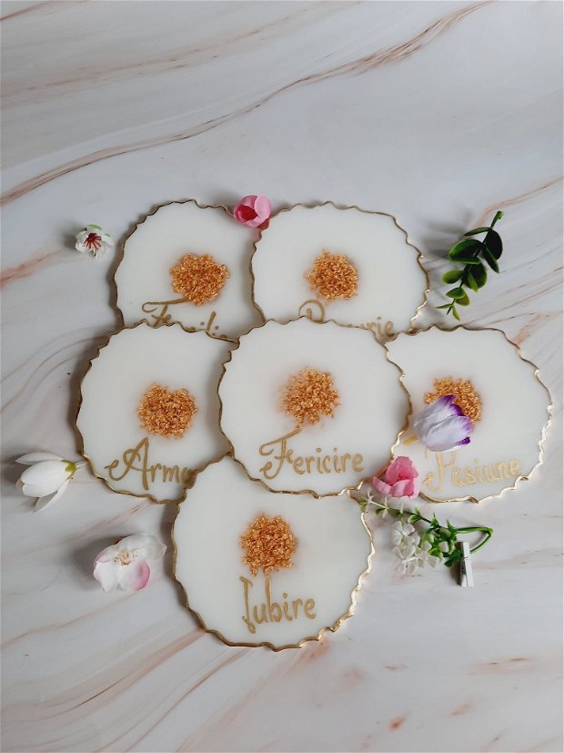 White and RO Gold Words - 6 pieces Resin Coasters
