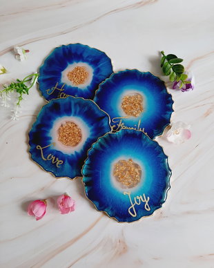 Blue and Pink and EN Gold Words - 4 pieces Resin Coasters