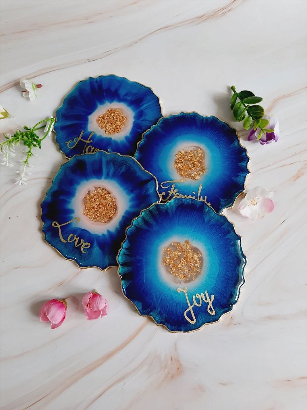 Blue and Pink and EN Gold Words - 4 pieces Resin Coasters