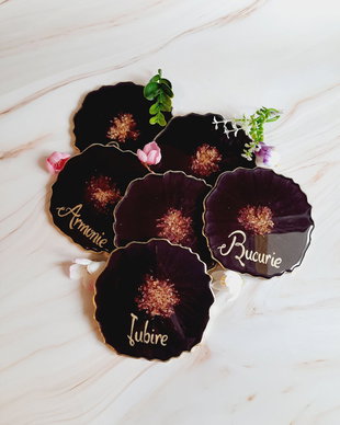 Dark Rubin and RO Gold Words - 6 pieces Resin Coasters
