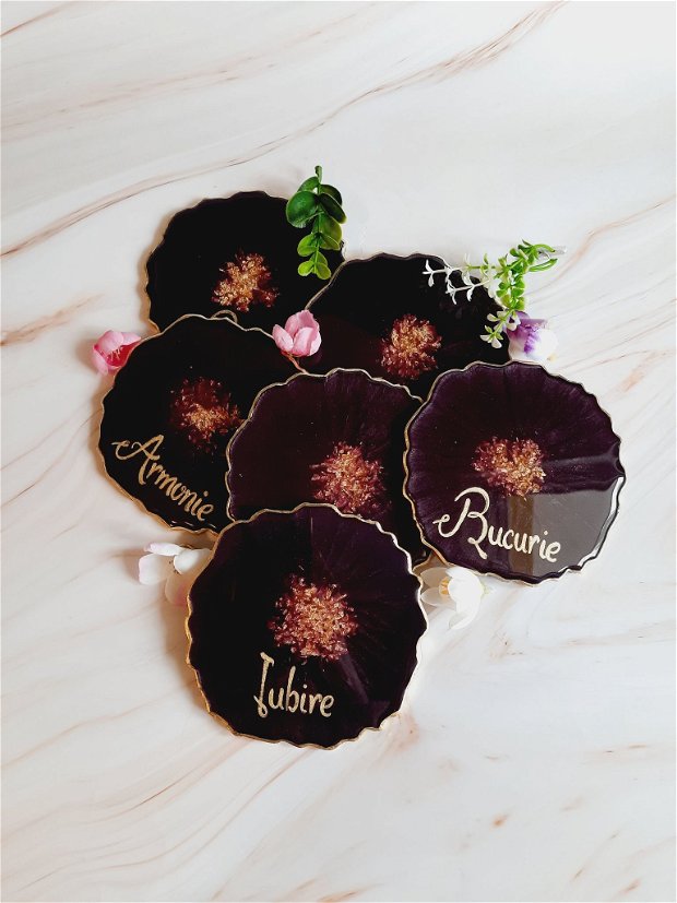 Dark Rubin and RO Gold Words - 6 pieces Resin Coasters