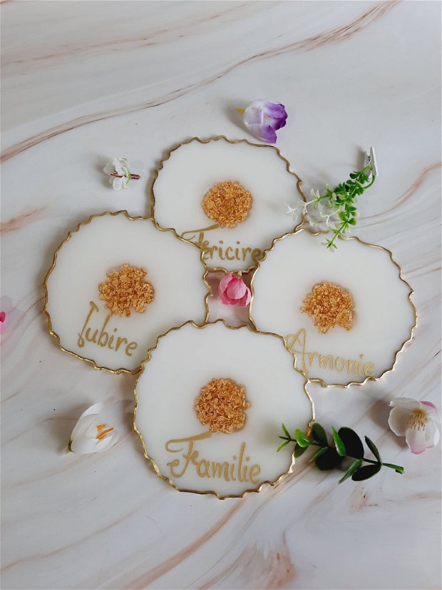 White and RO Gold Words - 4 pieces Resin Coasters