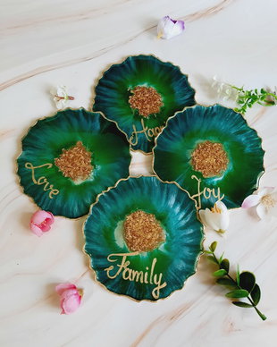 Emerald and White and Gold Words - 4 pieces Resin Coasters