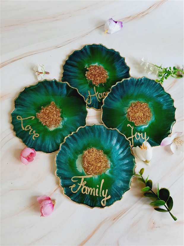 Emerald and White and Gold Words - 4 pieces Resin Coasters